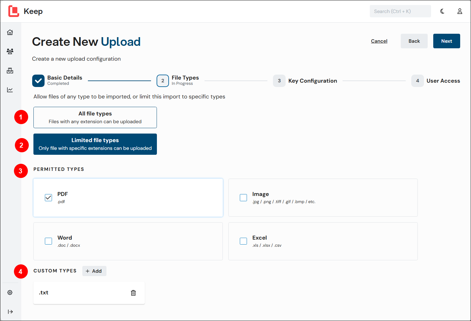 A number-annotated screenshot of the File Types page of the Create New Upload process in Keep.